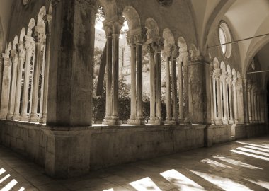 Cloister of franciscan monastery in Dubrovnik, Croatia, black and white clipart