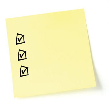 Yellow sticker checklist, black tick marks and checkboxes, isola clipart