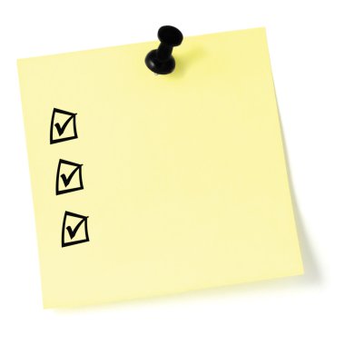 Yellow sticker checklist, black check boxes and tick marks, thum clipart