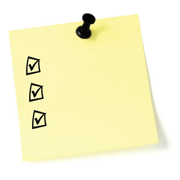 Yellow sticker checklist, black check boxes and tick marks, thum — Stock Photo, Image