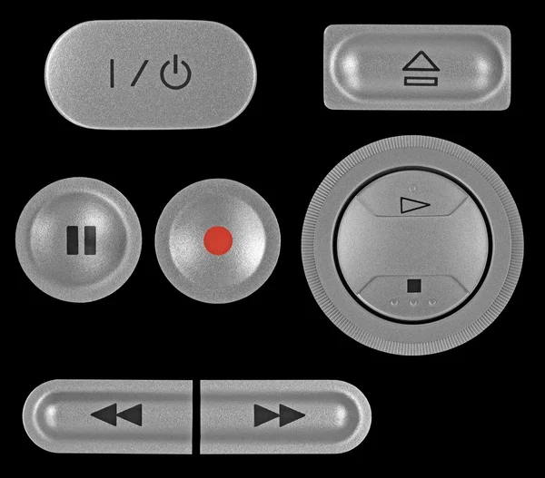 Natural silver grey metallic DVD recorder buttons set, isolated — Stock Photo, Image