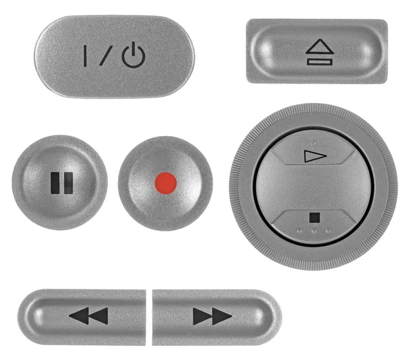Conjunto de botões gravador de DVD metálico cinza prata natural, isolado — Fotografia de Stock