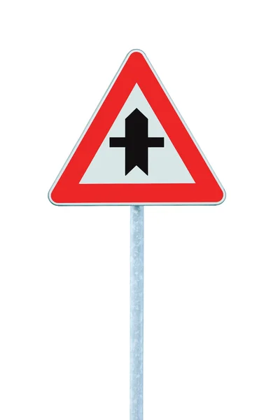 Crossroads Warning Main Road Sign With Pole, isolated — Stock Photo, Image