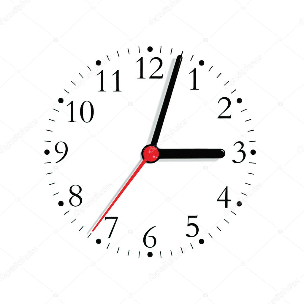 Analogue clock face dial in black and red hand, at 3:03, isolate