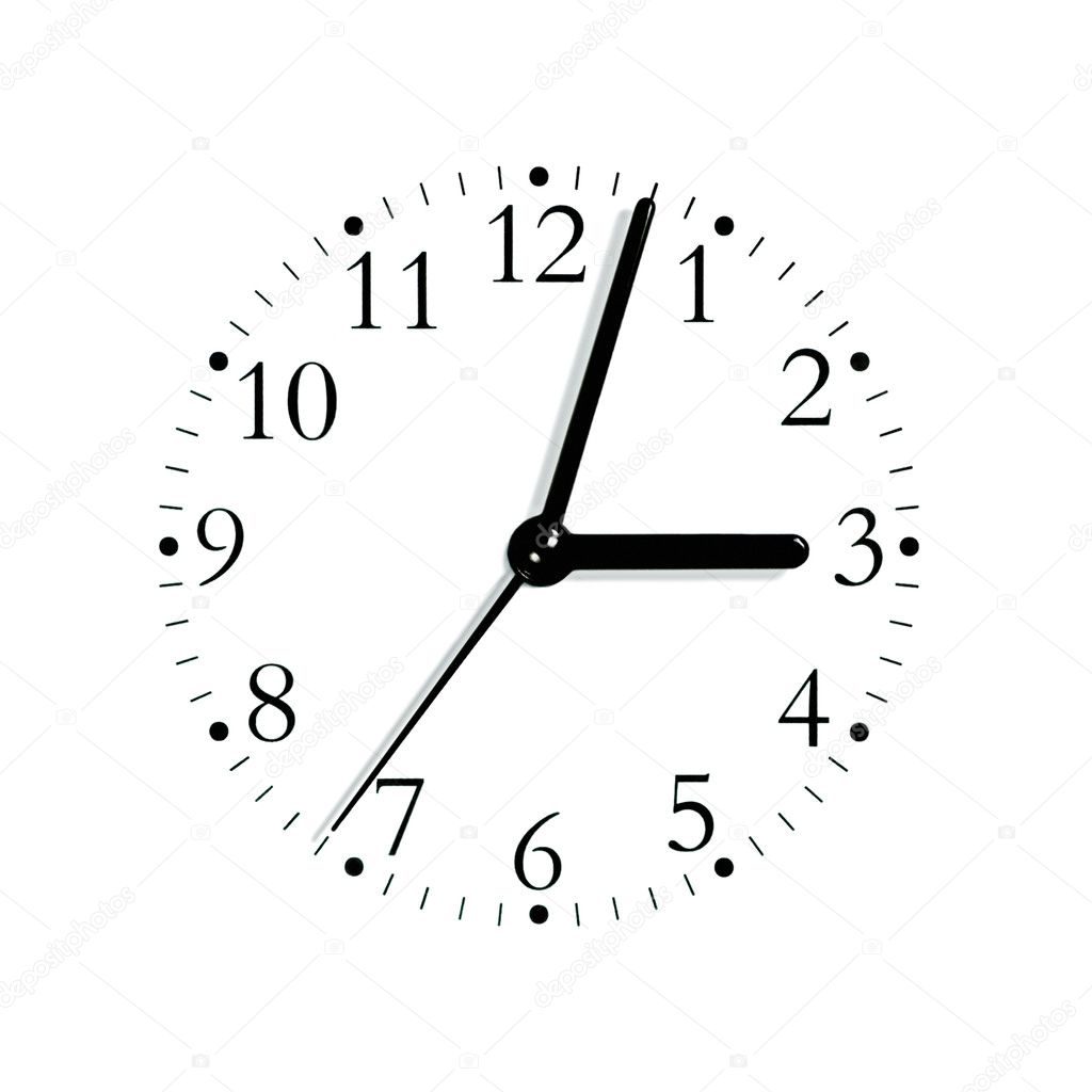 Black and white analogue clock face dial at 3:03, isolated