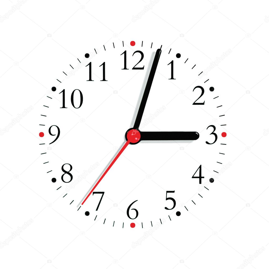 Analogue clock face dial in black red at 3:03 isolated