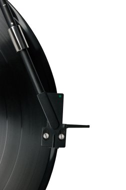 Tonearm on vinyl record LP, black green dot headshell, isolated macro clipart