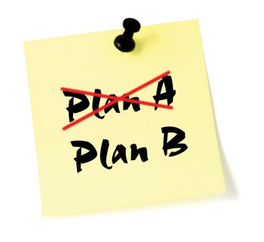 Crossing out Plan A, writing B, yellow post-it style sticky note clipart