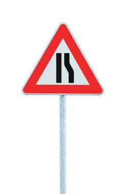 Road narrows sign on pole, right side, isolated clipart