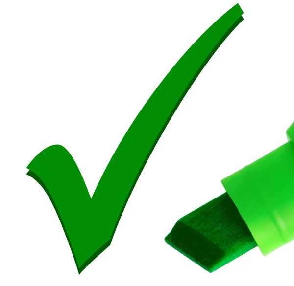 Macro close-up da caneta verde verificando marca OK — Fotografia de Stock