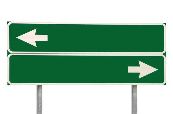 Crossroads Road Sign, Two Arrow Green Isolated Roadside Signage Blank Empty — Stock Photo, Image