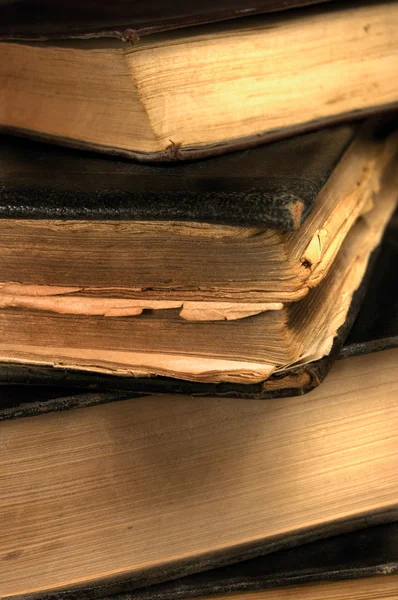 Gamla grungy böcker närbild i sepia grunt dof — Stockfoto