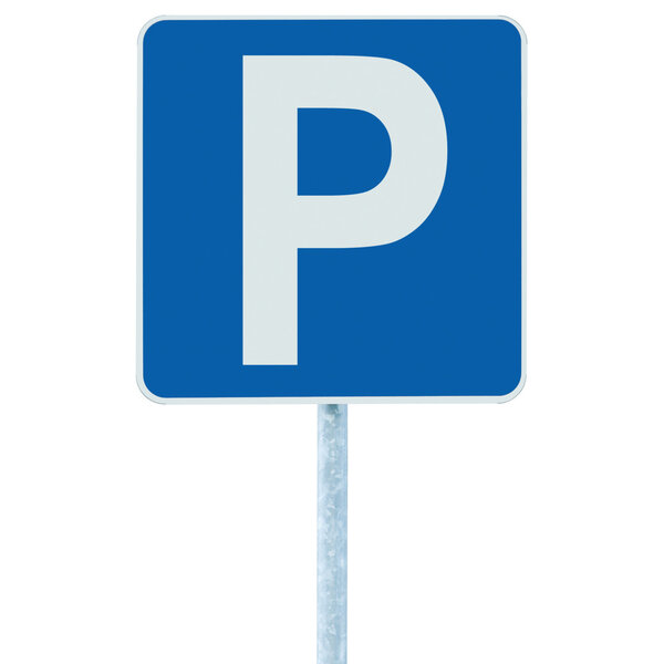 Parking place sign on post pole, traffic road roadsign, blue isolated