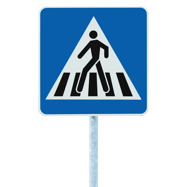 Zebra crossing pedestrian cross warning traffic sign pole blue isolated — Stock Photo, Image
