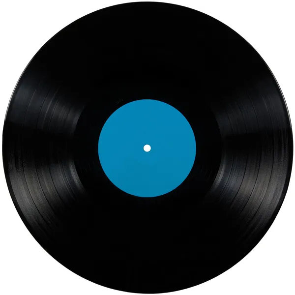 Preto vinil lp álbum disco isolado longo jogar disco rótulo azul ciano — Fotografia de Stock