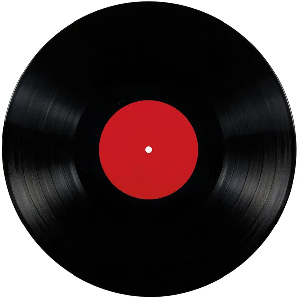 Grabación de disco de vinilo negro lp álbum, disco de reproducción larga aislado etiqueta en blanco rojo — Foto de Stock
