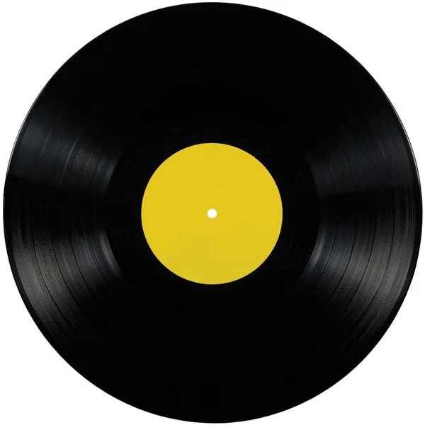 Preto vinil lp álbum disco isolado longo jogar disco branco rótulo amarelo — Fotografia de Stock