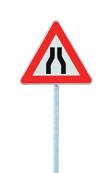 Road narrows sign on pole, isolated — Stock Photo, Image
