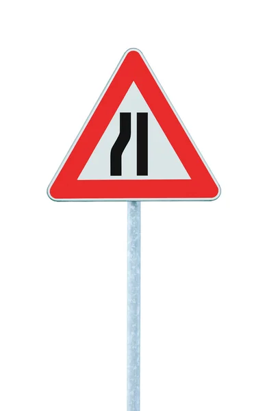 Road narrows sign on pole, left side, isolated traffic signage signpost — Stock Photo, Image