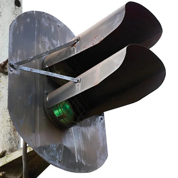 Railroad green light signal isolated closeup