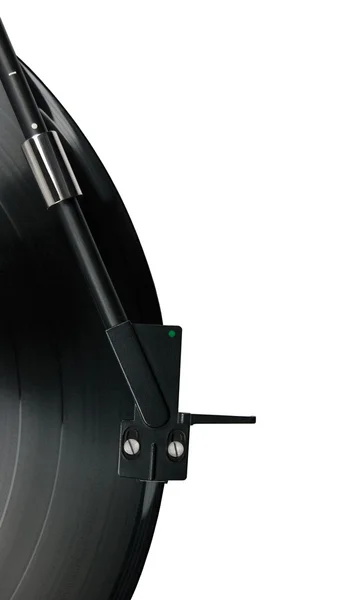 Tonarm auf Vinyl-Platte, schwarz-grüner Punkthülle, isoliertes Makro-C — Stockfoto