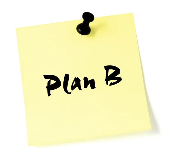 Plan B, written on a yellow sticky note sticker, black thumb tack pushpin — Stock Photo, Image