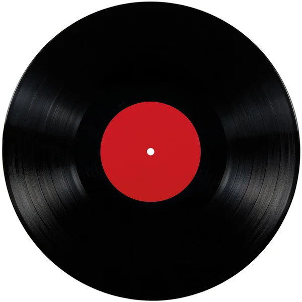 Gravação de disco de vinil lp álbum preto, isolado longo disco de reprodução em branco rótulo vermelho Fotos De Bancos De Imagens Sem Royalties