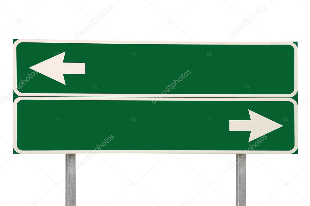 Crossroads Road Sign, Two Arrow Green Isolated Roadside Signage Blank Empty