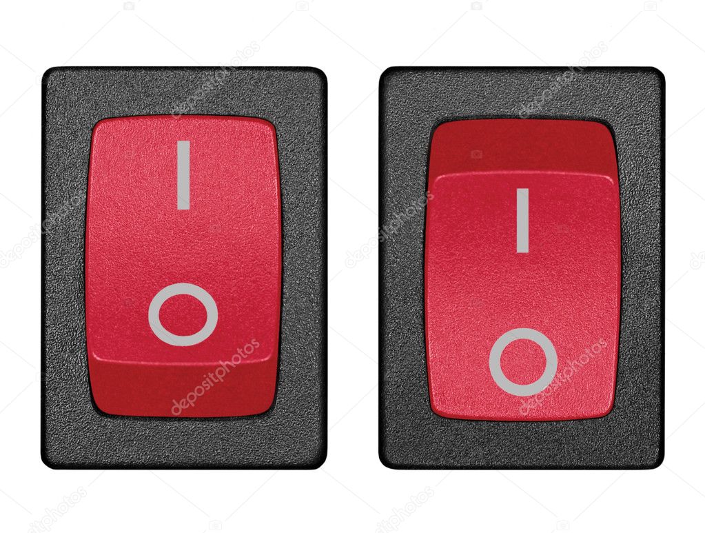 Red power switch in on off position, isolated macro closeup