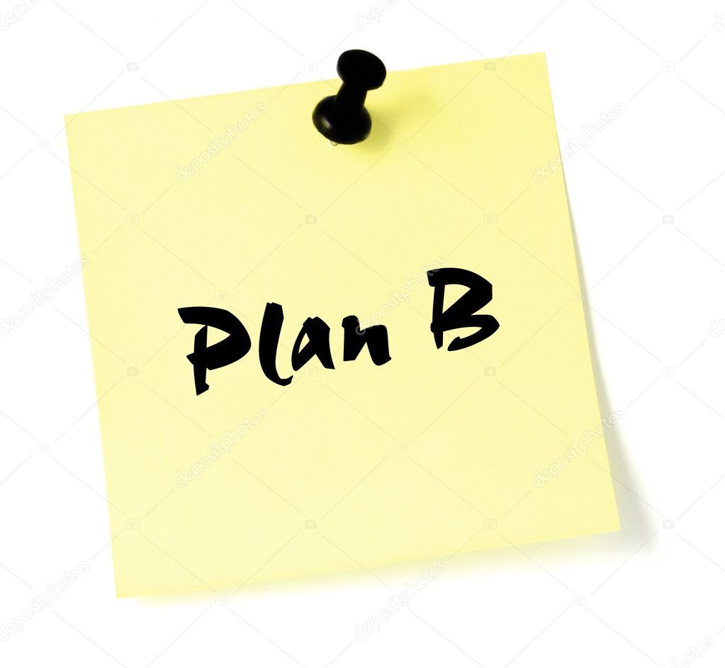Plan B, written on a yellow sticky note sticker, black thumb tack pushpin