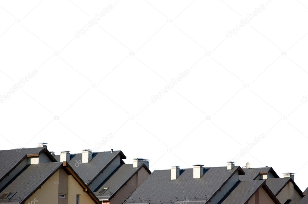 Rowhouse roofs, rooftop panorama, isolated on white