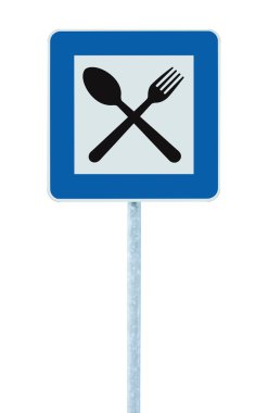 Restaurant sign on post pole, traffic road roadsign, blue isolated clipart