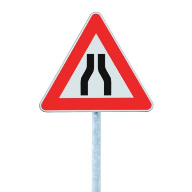 Road narrows sign on pole, isolated signpost signage post clipart