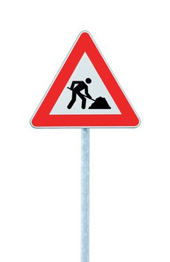 Road Works Ahead Warning Road Sign With Pole isolated clipart