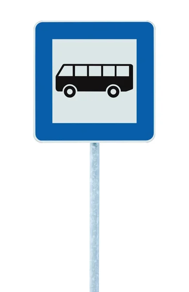 Bus Stop Sign on post pole, traffic road roadsign, blue isolated signage — 스톡 사진