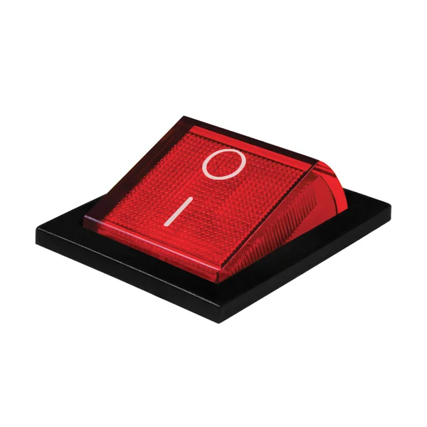 Червоний перемикач живлення у позиції, ізольований макро крупним планом — стокове фото