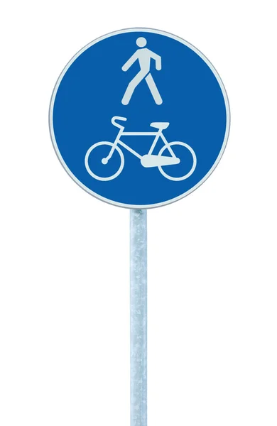 Bicicleta y carril peatonal señal de tráfico en poste de poste, r azul grande — Foto de Stock