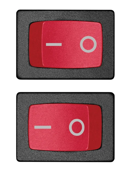 Красный выключатель включён в положении выключения, изолированный макро крупный план — стоковое фото