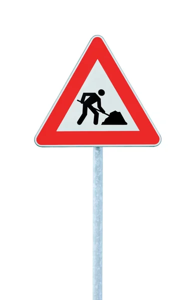 Road Works Ahead Warning Road Sign With Pole isolated — Stock Photo, Image