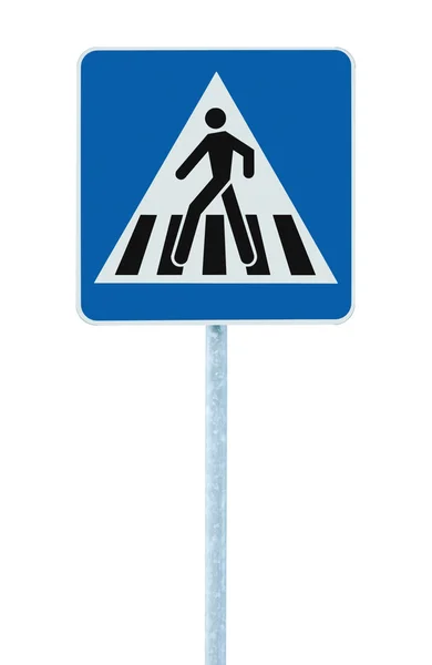 Zebra crossing pedestrian cross warning traffic sign pole blue i — Stock Photo, Image