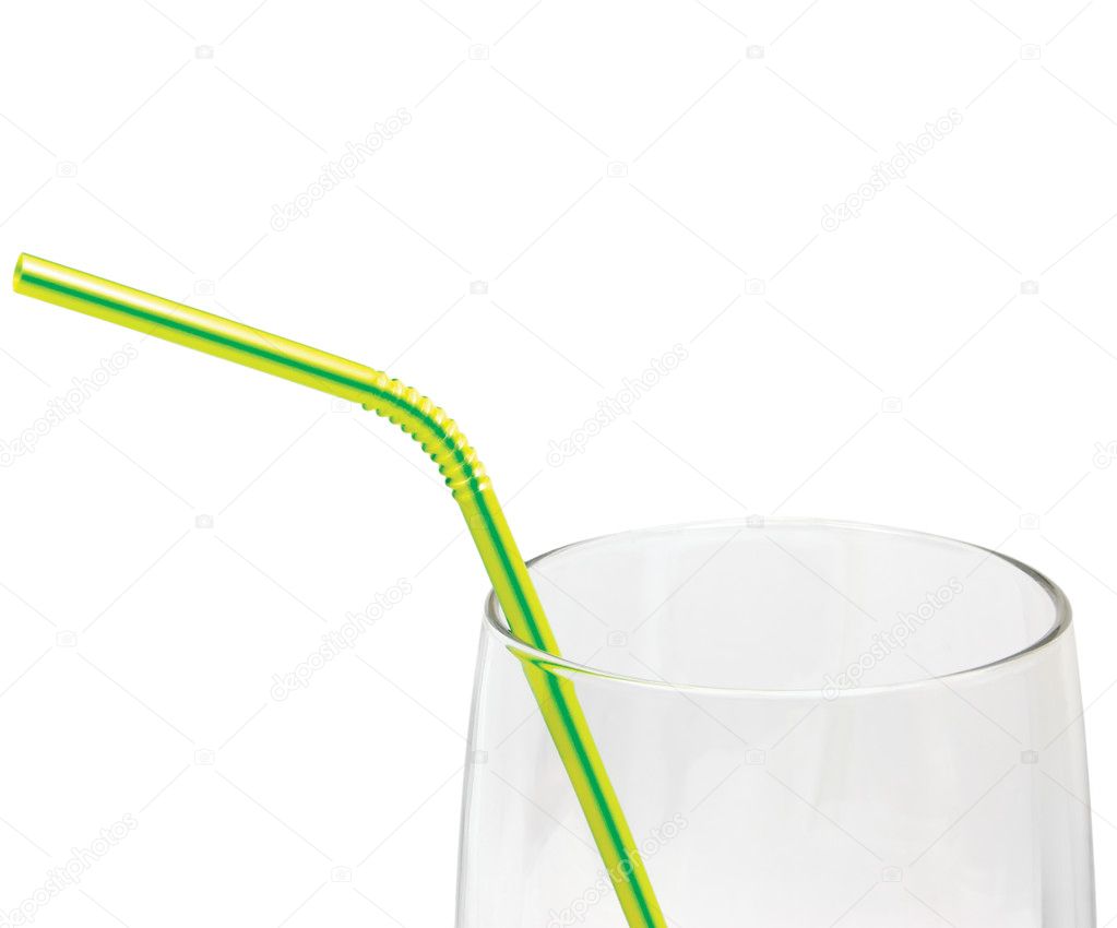 Empty Glass And Drinking straw macro closeup isolated, yellow, green
