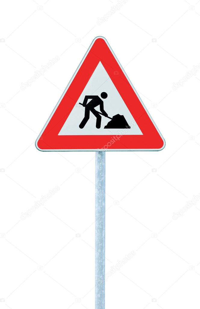 Road Works Ahead Warning Road Sign With Pole isolated