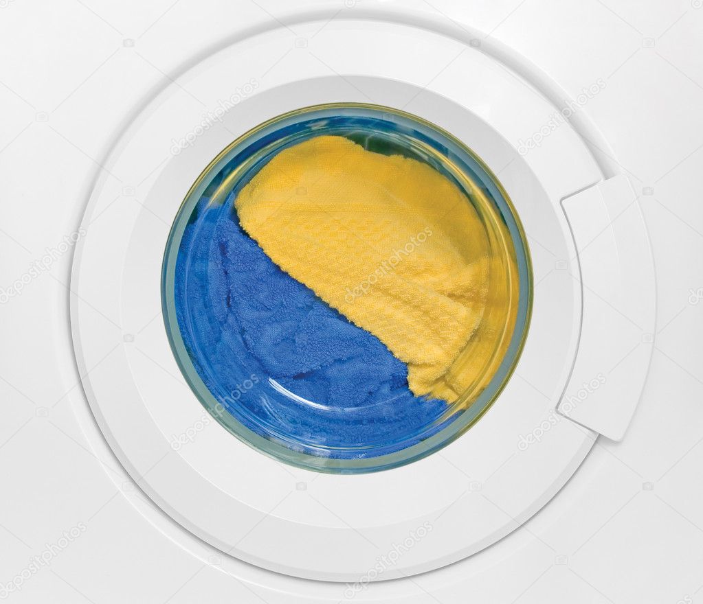 Washing machine door, clean colorful clothes, yellow, blue plush