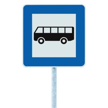 Bus Stop Sign on post pole, traffic road roadsign, blue isolated clipart