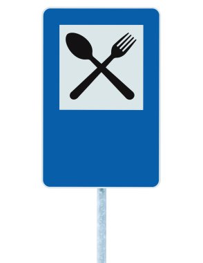 Restaurant sign on post pole, traffic road roadsign, blue isolated clipart