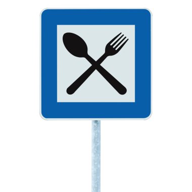 Restaurant sign on post pole, traffic road roadsign, blue isolated clipart