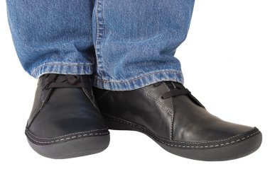 Black leather shoes, blue denim indigo jeans, casual men sneakers clipart