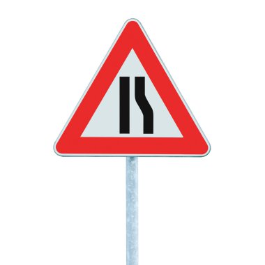 Road narrows sign on pole, right side, isolated clipart
