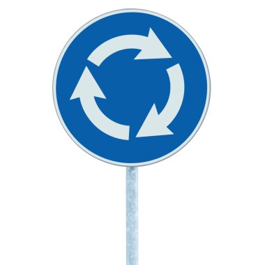 Roundabout crossroad road traffic sign isolated, blue, white arrows clipart