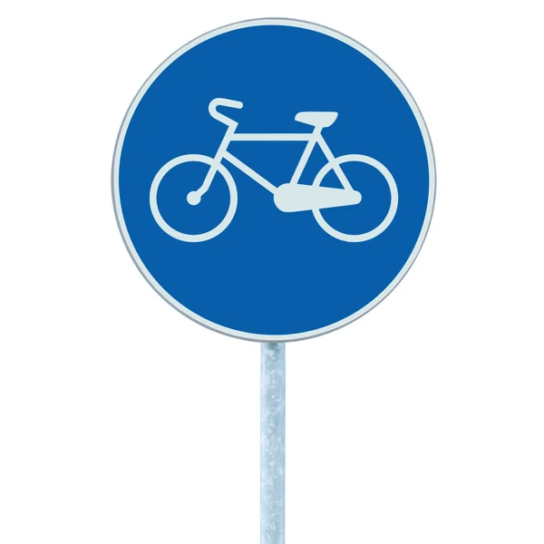 Bicycle lane sign indicating bike route blue round isolated traffic signage — Stock Photo, Image